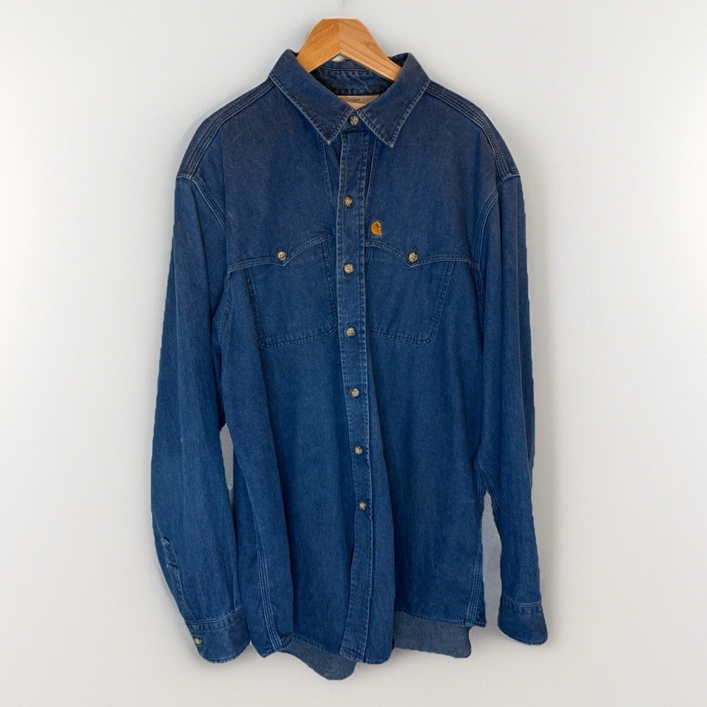 Carhartt rugged denim Cowboy faded work wear Button Up‎ blue t shirt Union Made